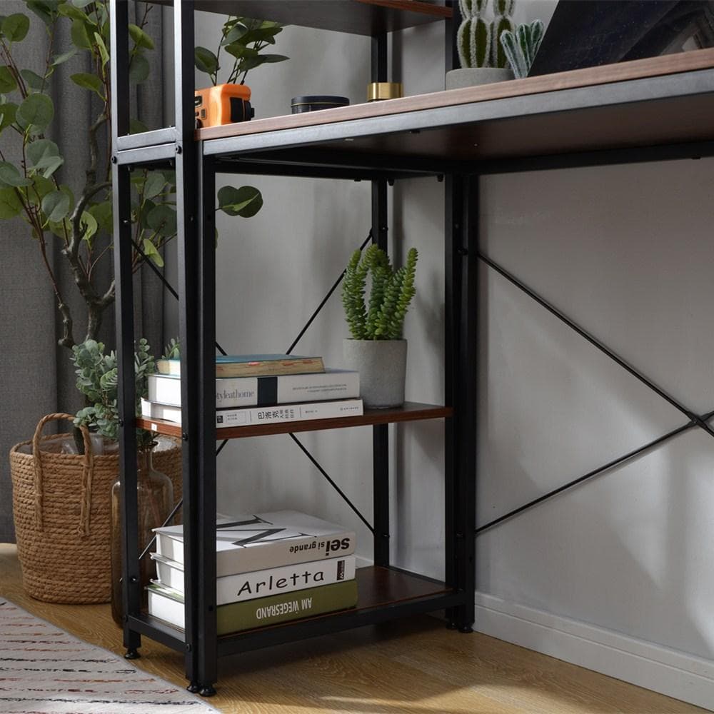 【ブラウン】パソコンデスク ラック付き デスク ワークデスク 木製 学習デスク