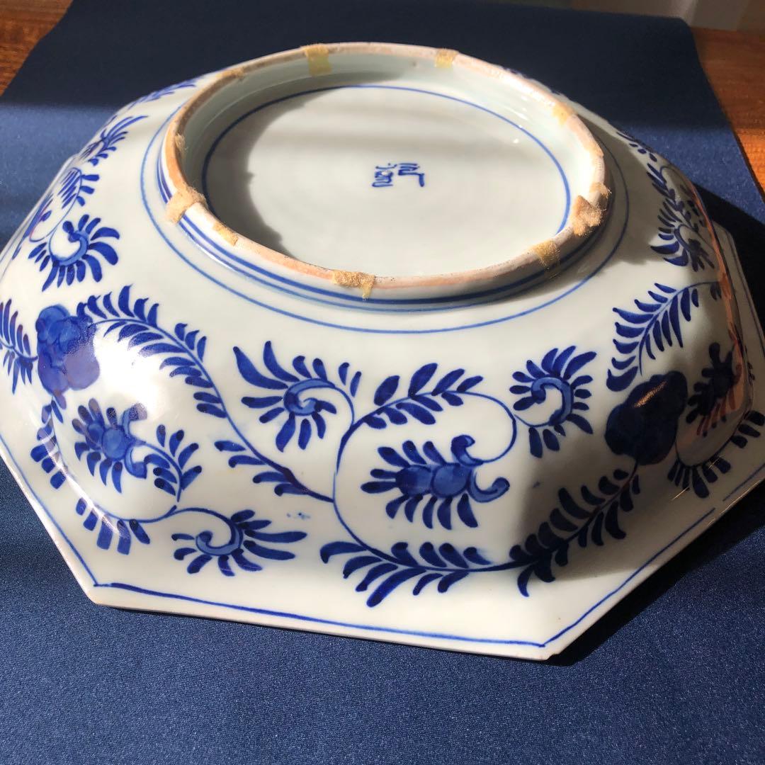 古伊万里　青磁　染付　花蝶龍文／八角　大皿　幅33cm