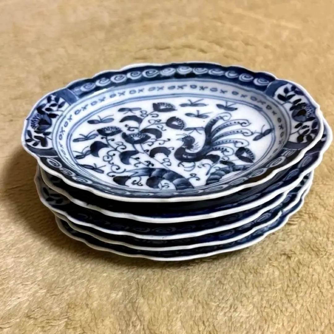 【古伊万里楕円皿】【5枚セット】花びら縁・北欧風デザイン・銘々皿