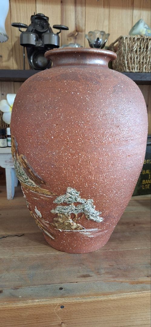 【大迫力】高浮彫 富士山 大壺 花器 40cm 松 帆船 縁起物 陶器 壺 置物