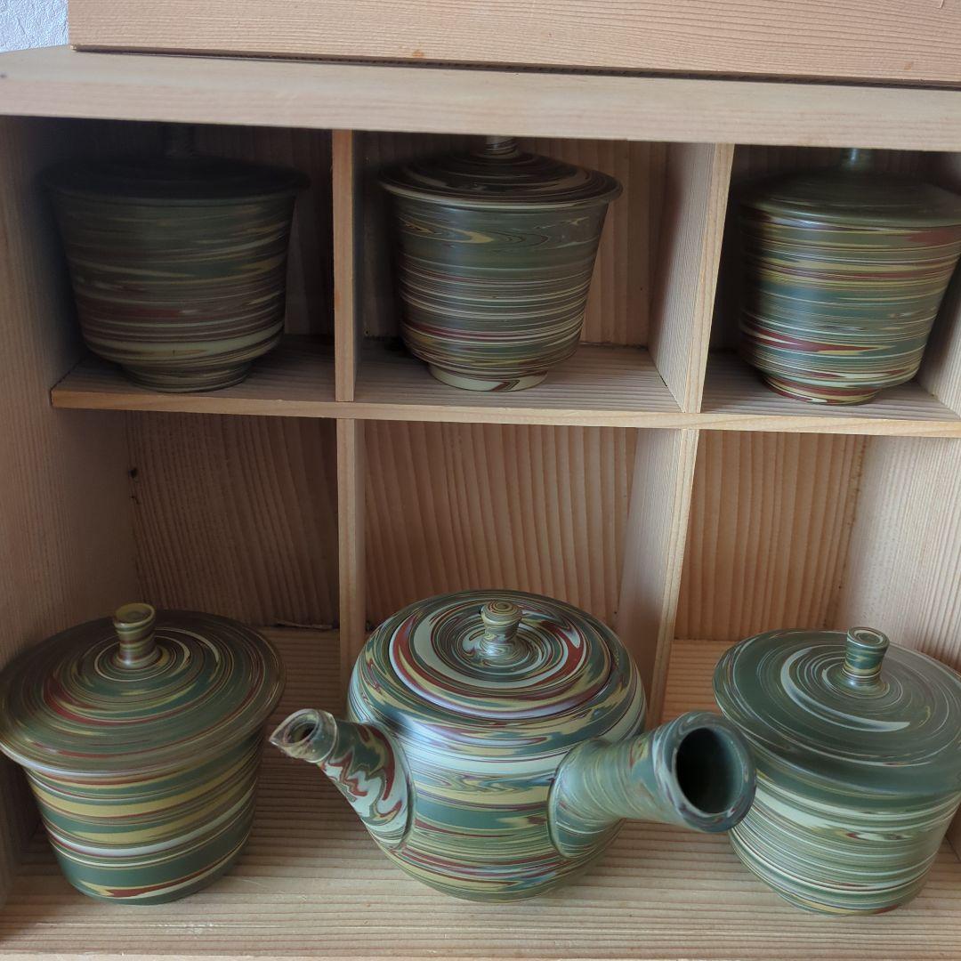 湯呑5客　急須　セット　茶道具　練り込み　友仙作