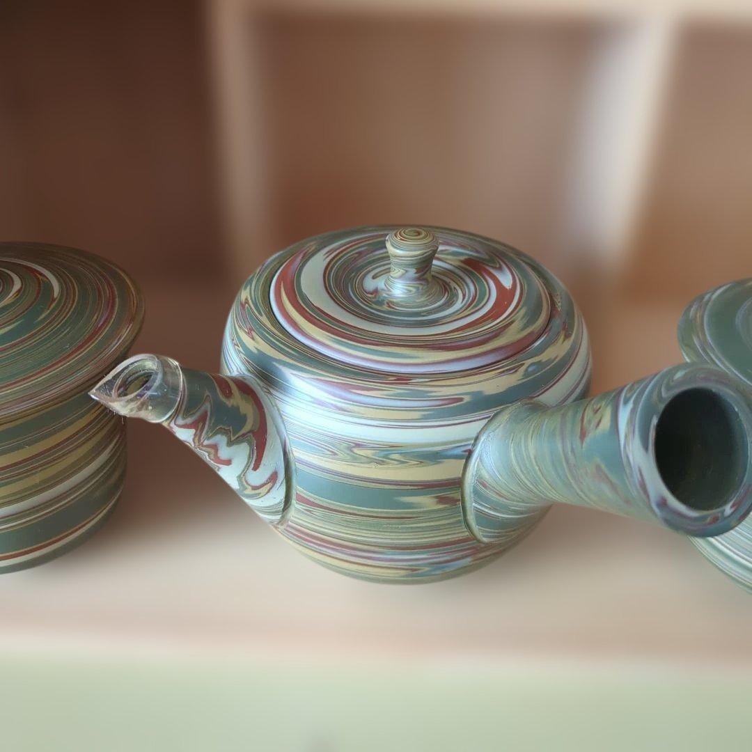 湯呑5客　急須　セット　茶道具　練り込み　友仙作