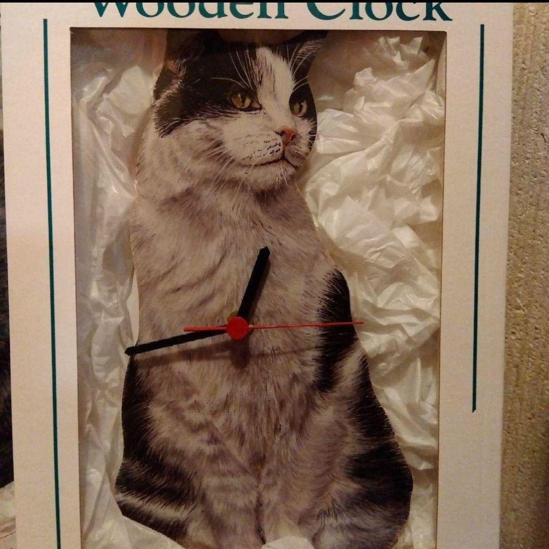 Wooden Clock　時計　 猫　白黒　ハチワレ　ロシアンブルー