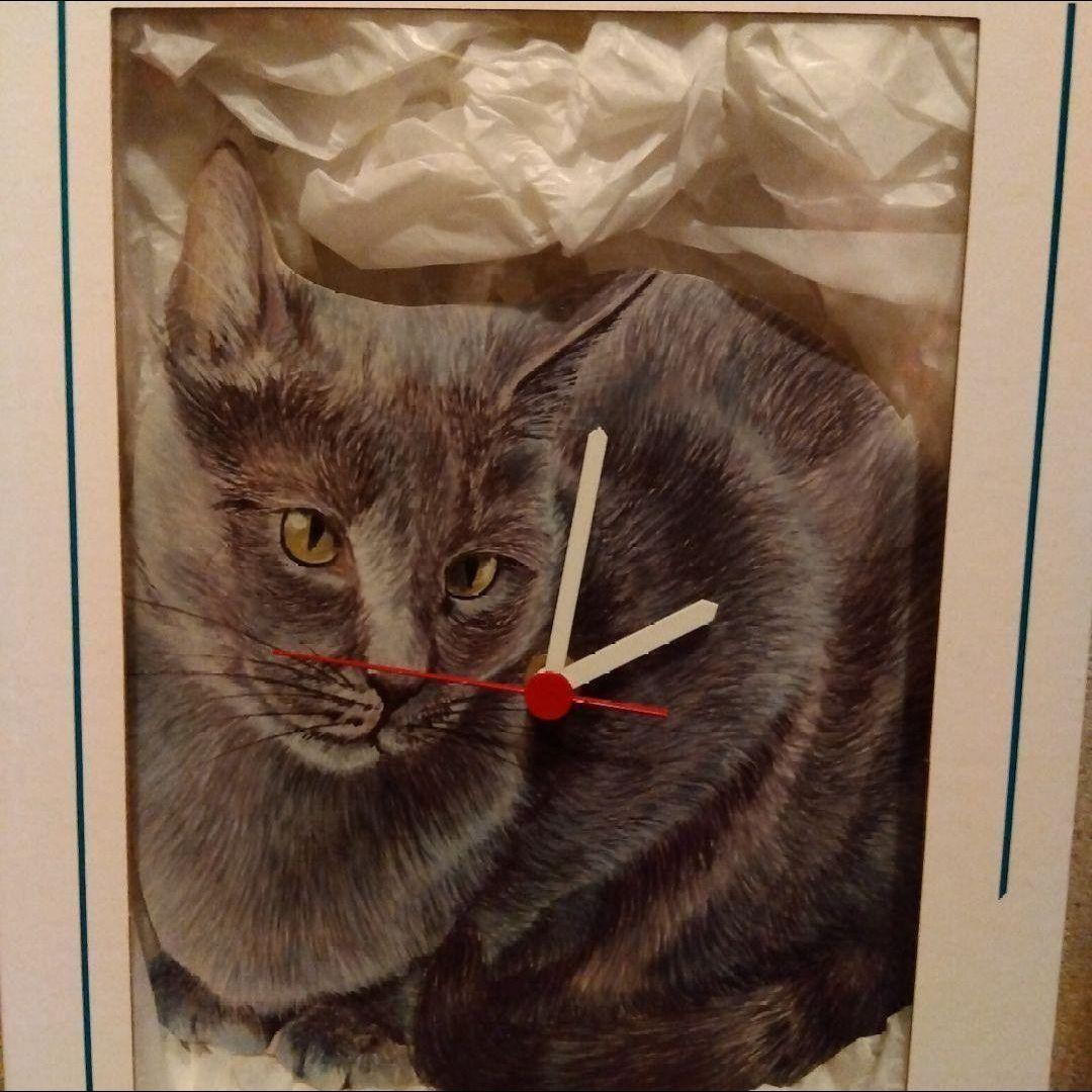 Wooden Clock　時計　 猫　白黒　ハチワレ　ロシアンブルー