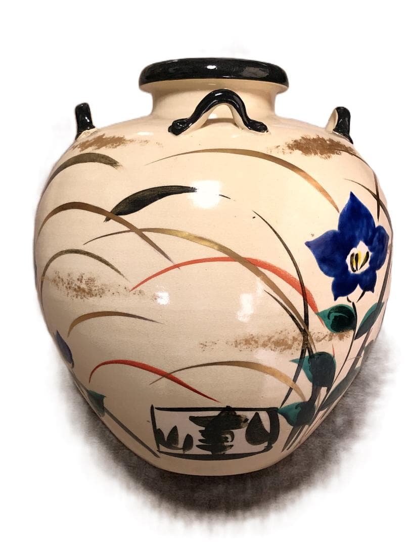 【 京焼秋草図色絵四耳壺 】　尾形乾山ブランド　アンティーク品