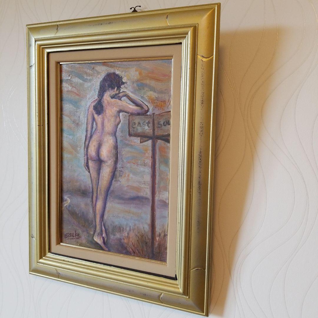油絵　絵画　題名《岐路》道しるべ　裸婦　P 6 サイズ　2000年製作