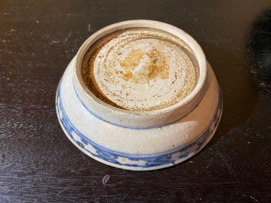 アンティーク・安南 染付福字小皿・唐木鑑賞スタンド付・２点セット