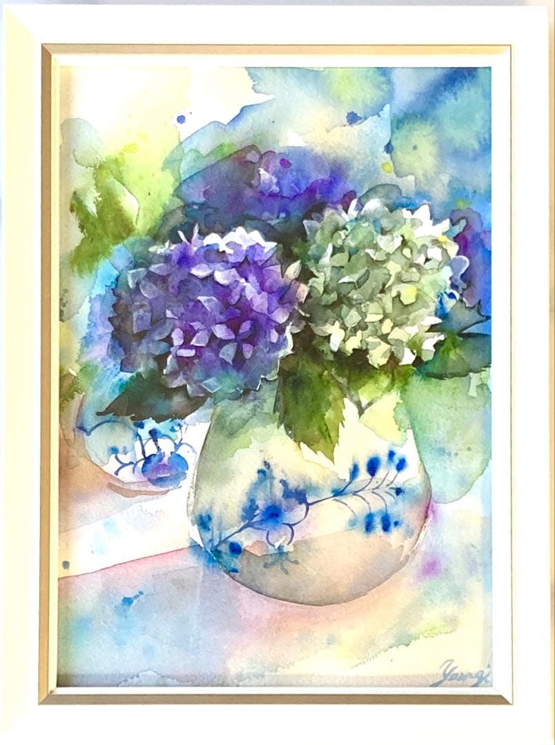 水彩画 原画 紫陽花の花瓶