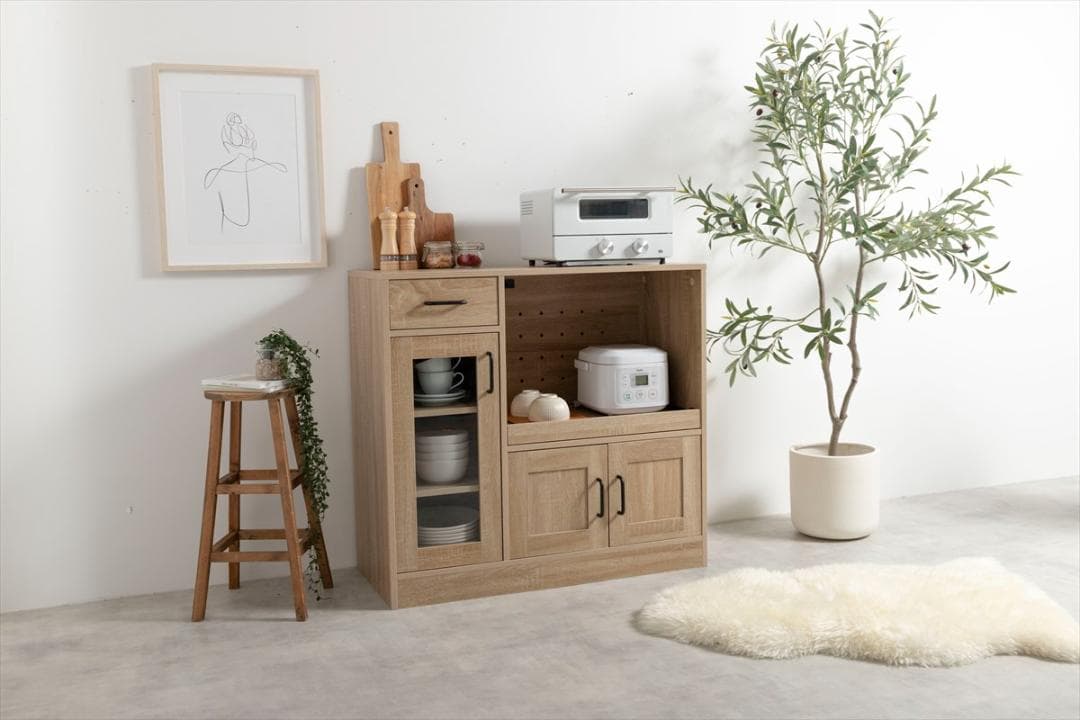 【送料無料】【幅88cm】レンジ台 2口コンセント付き 木目調 ガラス扉