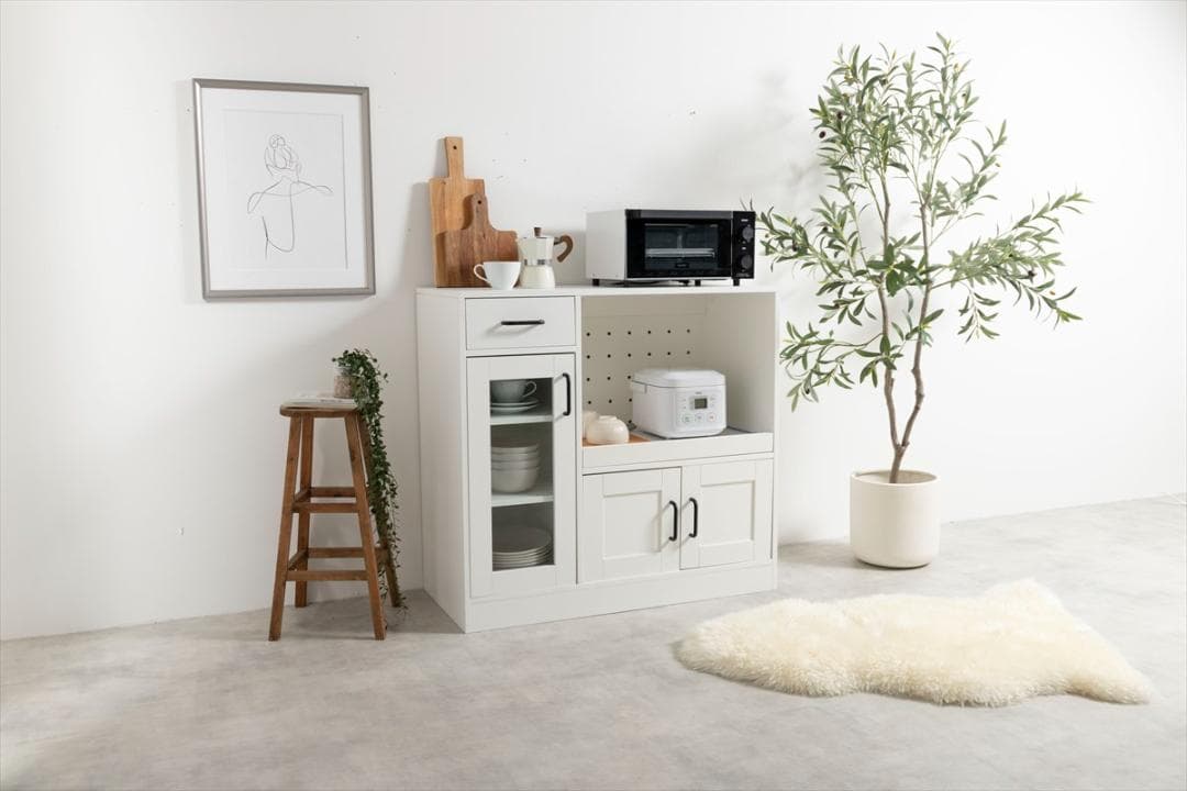 【送料無料】【幅88cm】レンジ台 2口コンセント付き 木目調 ガラス扉