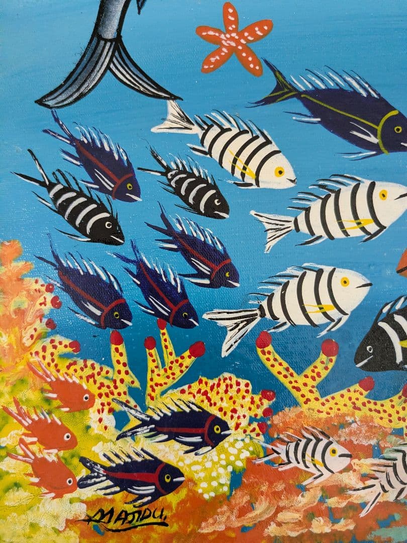 ●アフリカの絵画、ティンガティンガ、海、魚、Majidu、30×30cm