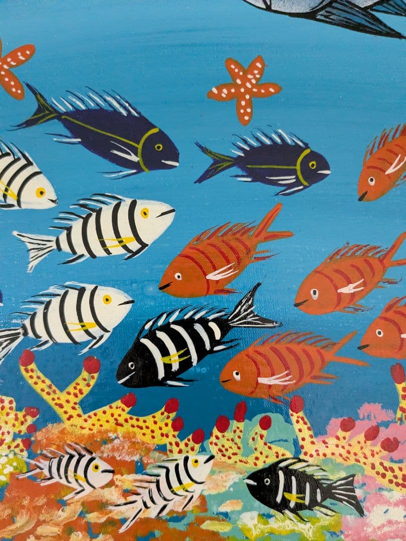 ●アフリカの絵画、ティンガティンガ、海、魚、Majidu、30×30cm