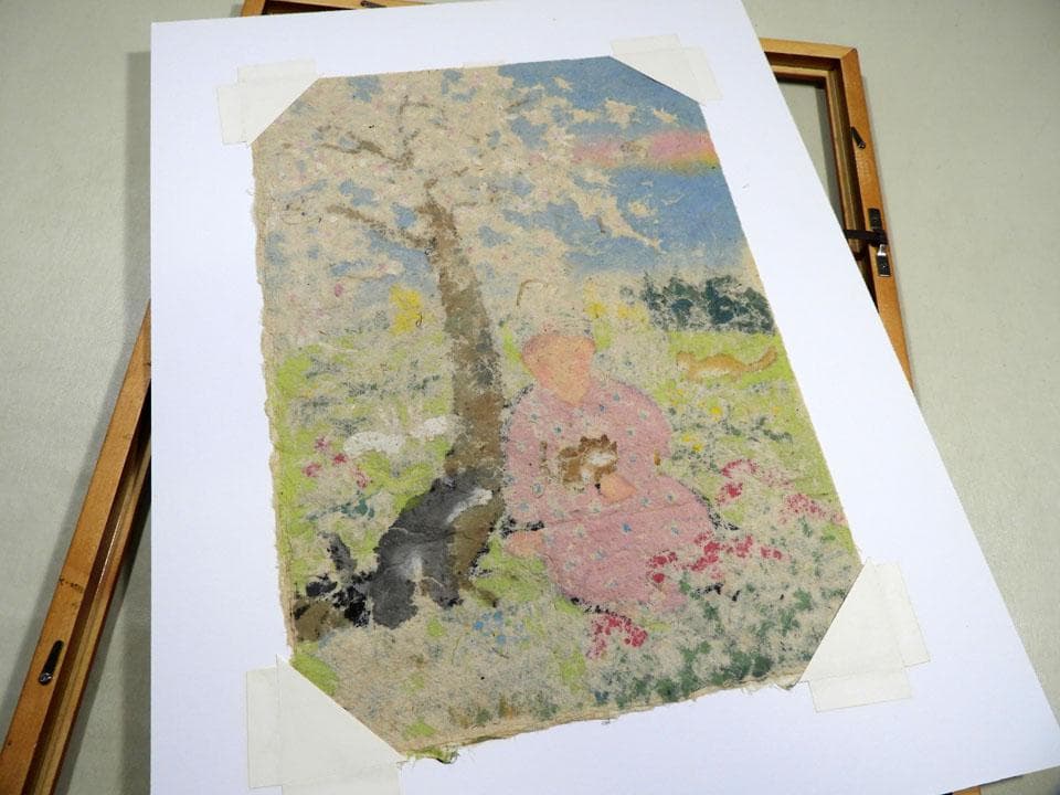 ●屋代寿文 春の憩い 和紙に肉筆 桜下の少女と動物 猫 犬 兎 狐 鳥 春の情景