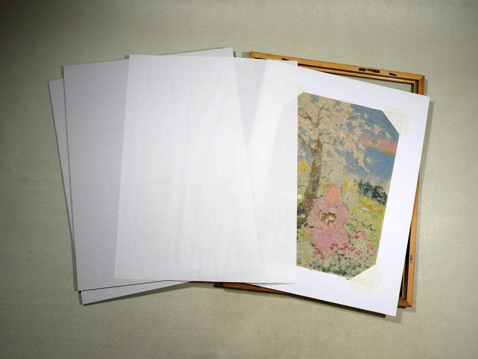 ●屋代寿文 春の憩い 和紙に肉筆 桜下の少女と動物 猫 犬 兎 狐 鳥 春の情景