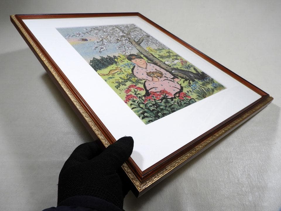 ●屋代寿文 春の憩い 和紙に肉筆 桜下の少女と動物 猫 犬 兎 狐 鳥 春の情景