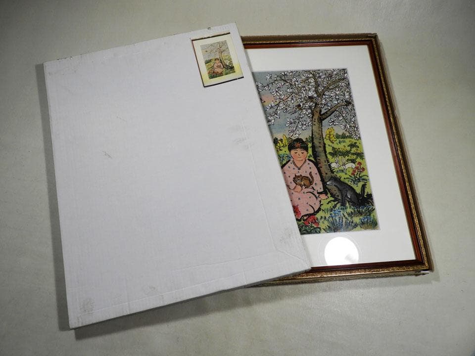 ●屋代寿文 春の憩い 和紙に肉筆 桜下の少女と動物 猫 犬 兎 狐 鳥 春の情景