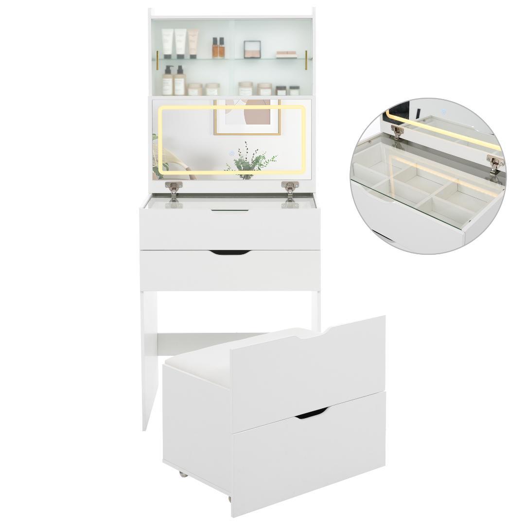 LED 無段階調光ミラー 2WAY 天板 大容量収納 コンセント付き ドレッサー