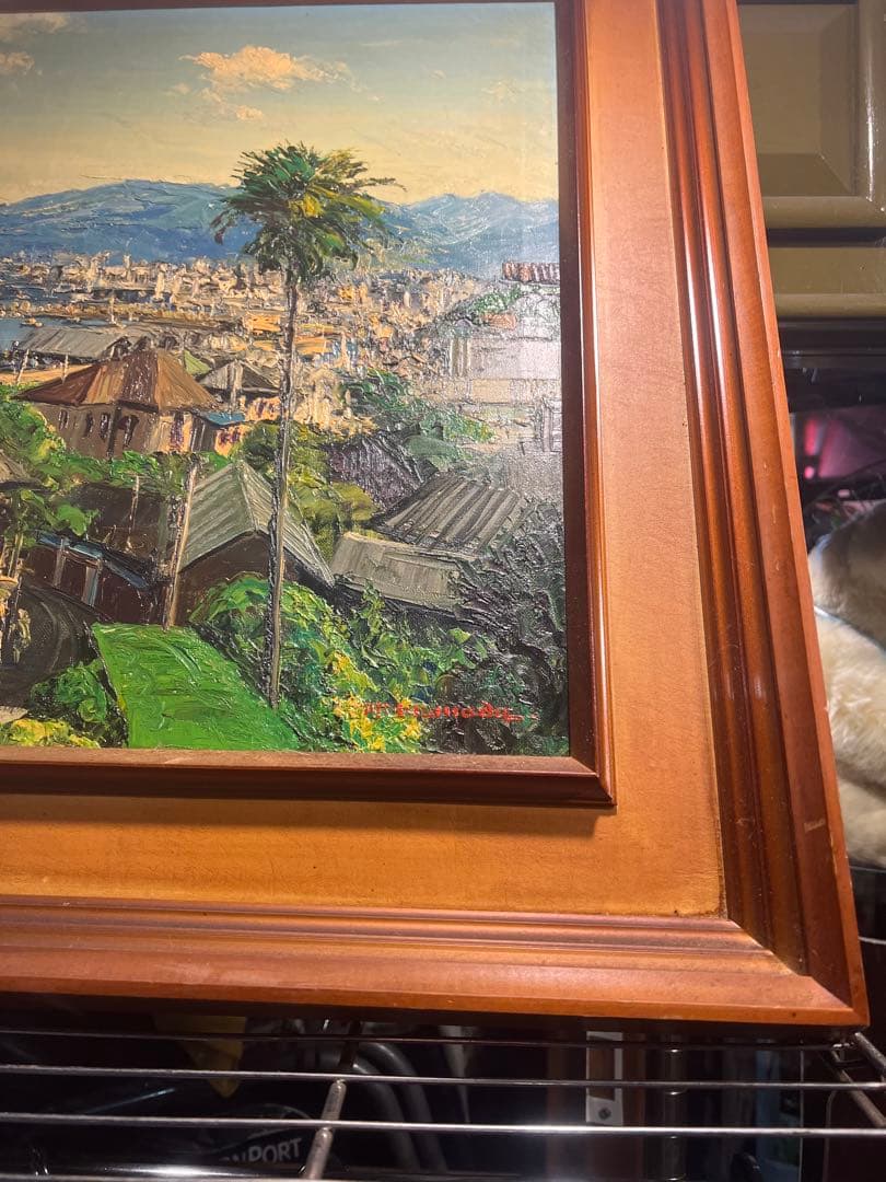 美術品　油絵　海外風景画F10サイズ　空　雲　山　樹木　海　港　住宅街美術品