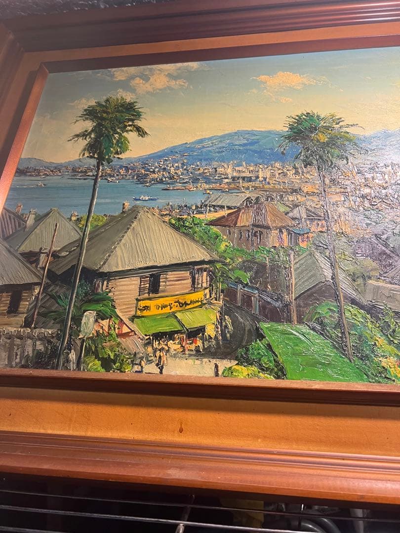 美術品　油絵　海外風景画F10サイズ　空　雲　山　樹木　海　港　住宅街美術品