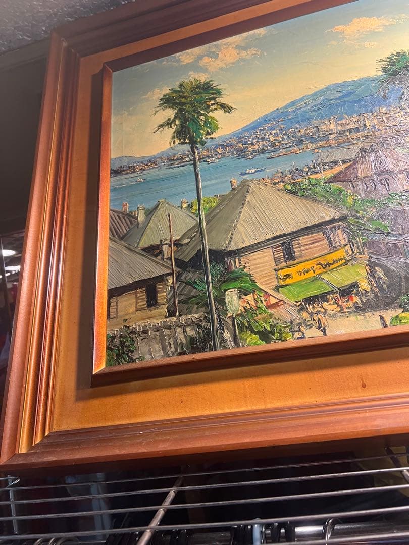 美術品　油絵　海外風景画F10サイズ　空　雲　山　樹木　海　港　住宅街美術品