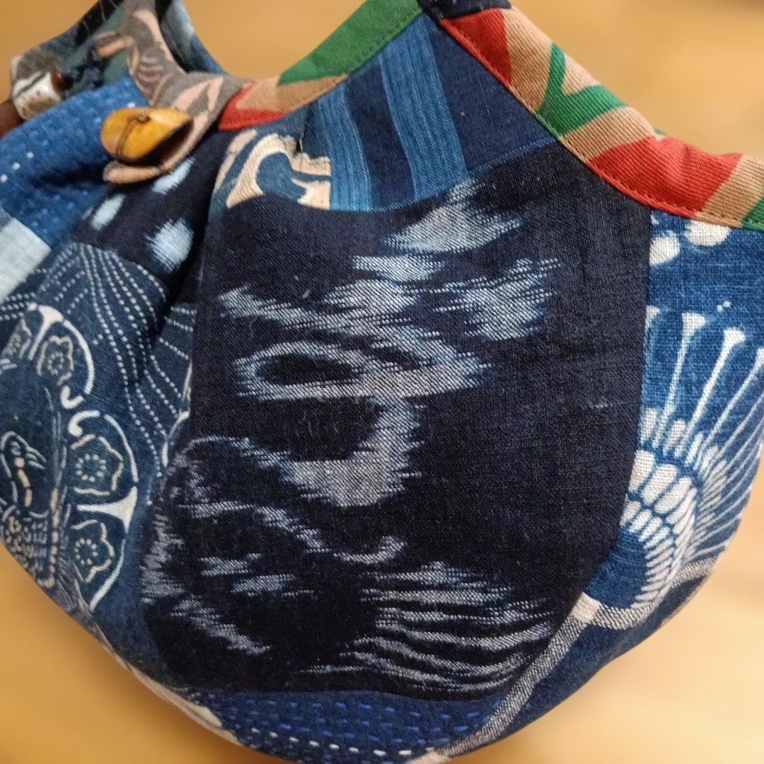 古布　グラニーバッグ　鶴寿　藍染型染　ハンドメイド　柿渋染め