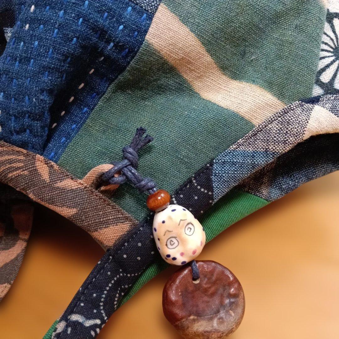 古布　グラニーバッグ　鶴寿　藍染型染　ハンドメイド　柿渋染め