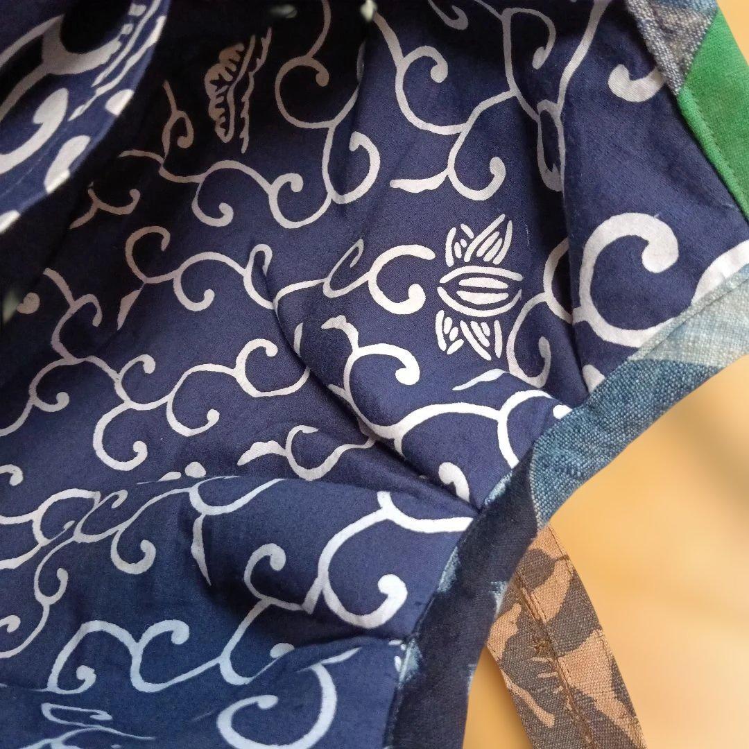 古布　グラニーバッグ　鶴寿　藍染型染　ハンドメイド　柿渋染め