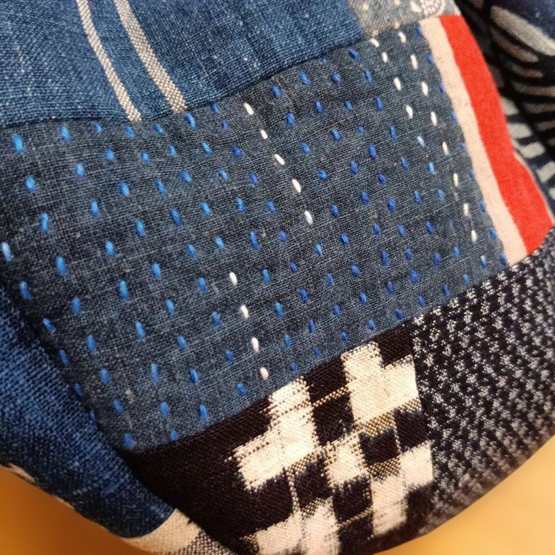 古布　グラニーバッグ　鶴寿　藍染型染　ハンドメイド　柿渋染め