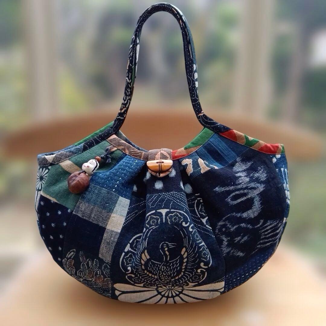 古布　グラニーバッグ　鶴寿　藍染型染　ハンドメイド　柿渋染め