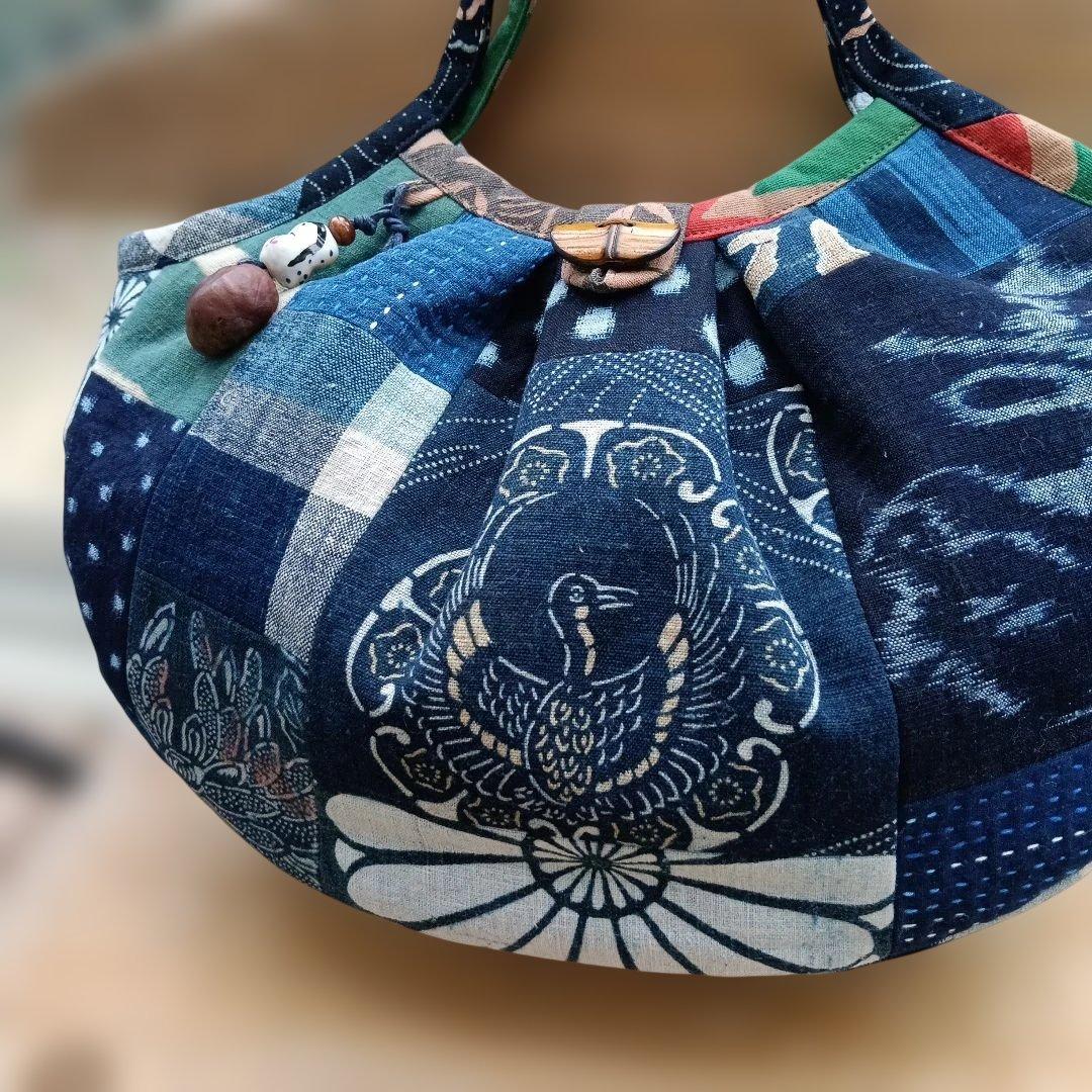 古布　グラニーバッグ　鶴寿　藍染型染　ハンドメイド　柿渋染め