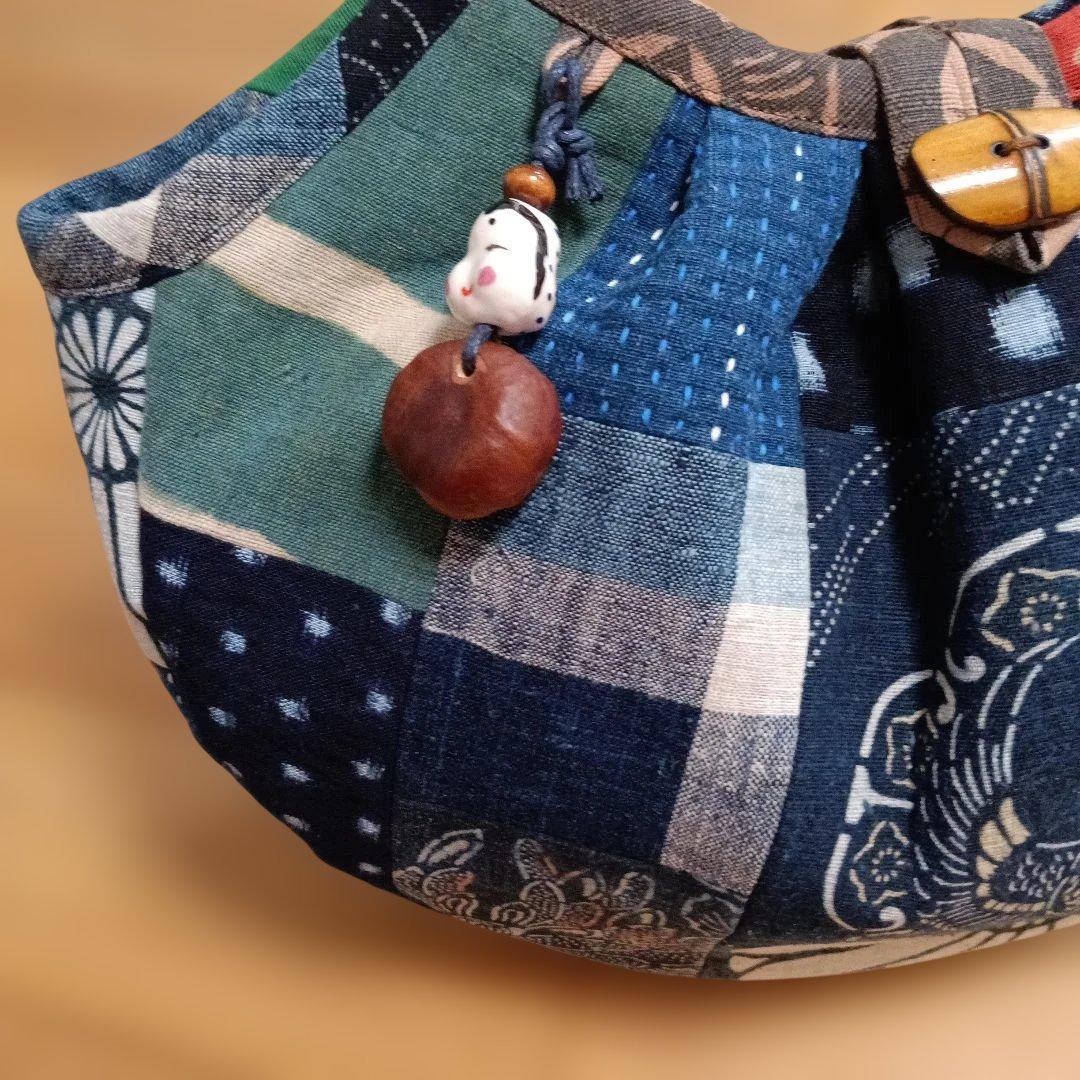 古布　グラニーバッグ　鶴寿　藍染型染　ハンドメイド　柿渋染め