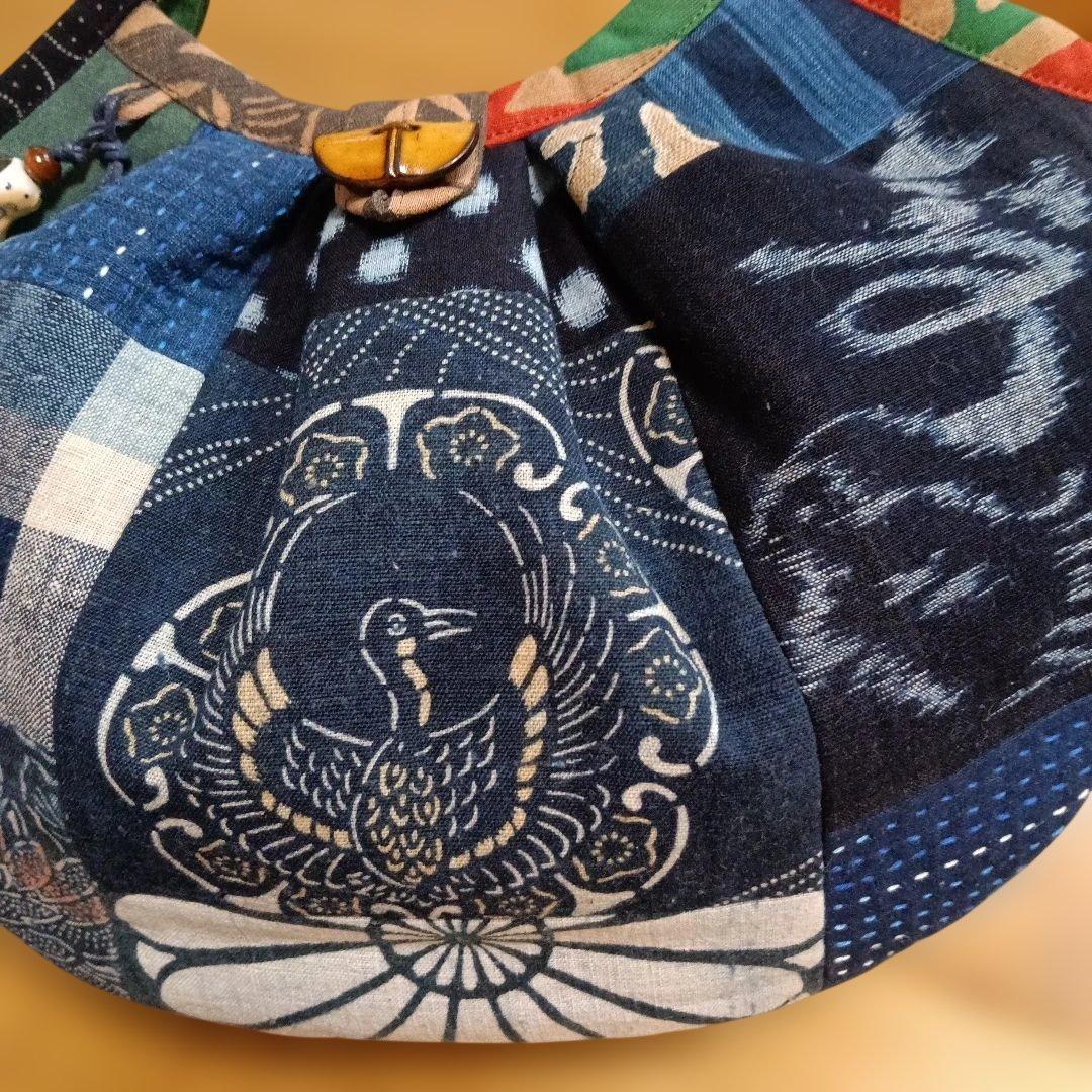 古布　グラニーバッグ　鶴寿　藍染型染　ハンドメイド　柿渋染め