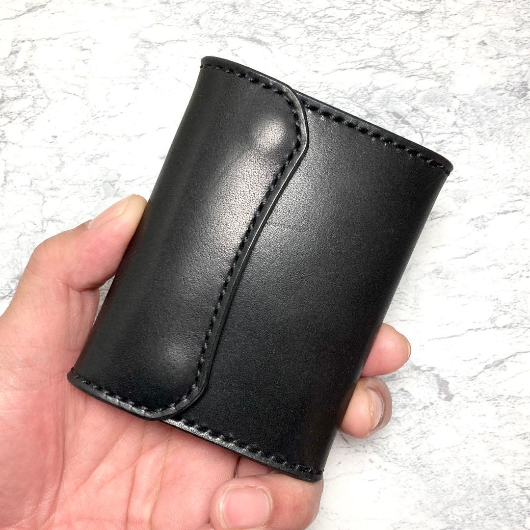 【総手縫い】栃木レザー 三つ折り財布 黒 コンパクト財布 本革 ミニ財布