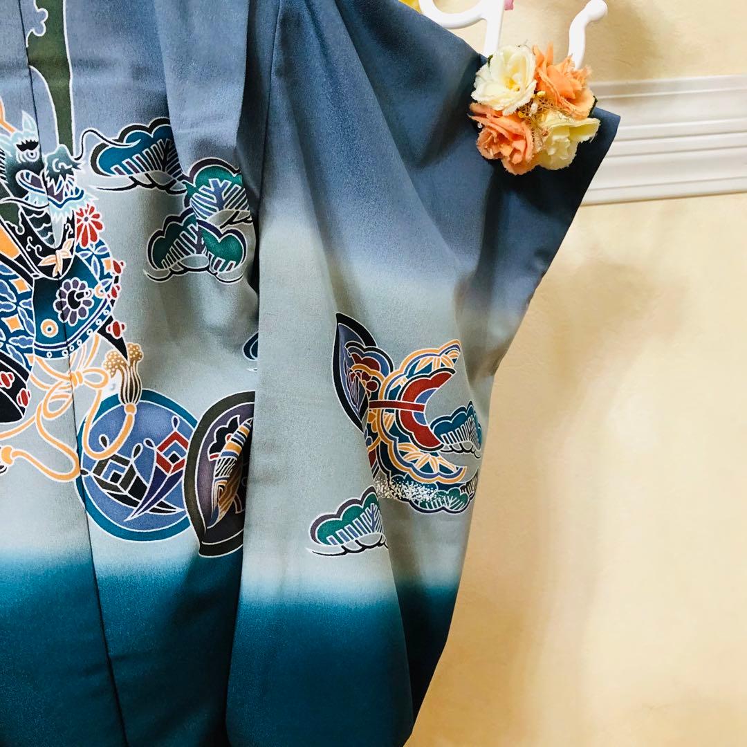 七五三５歳完全フルセット‼️豪華Blue grey兜鷹金彩‼️袴縞スタイルアップ人気