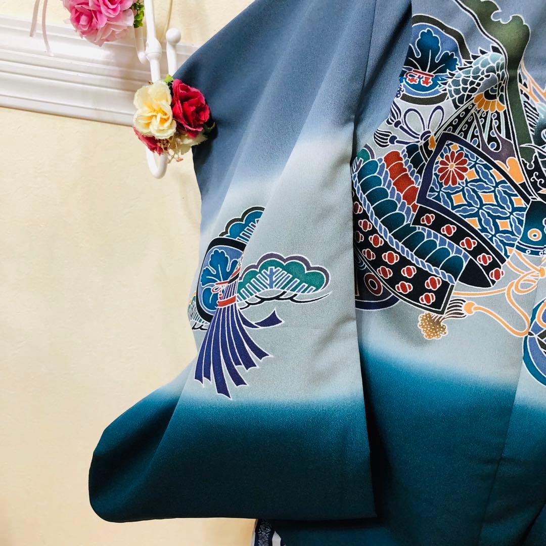 七五三５歳完全フルセット‼️豪華Blue grey兜鷹金彩‼️袴縞スタイルアップ人気
