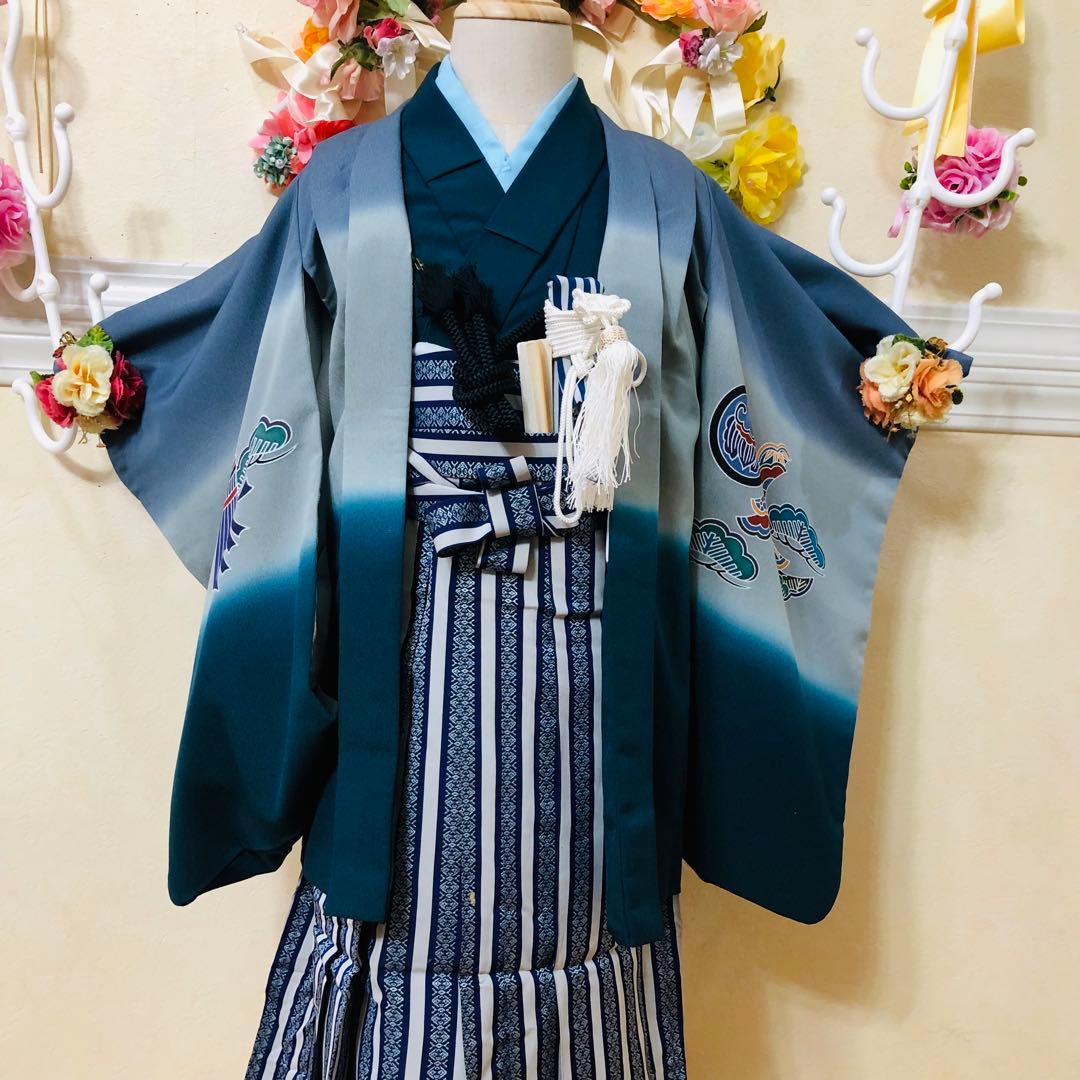 七五三５歳完全フルセット‼️豪華Blue grey兜鷹金彩‼️袴縞スタイルアップ人気