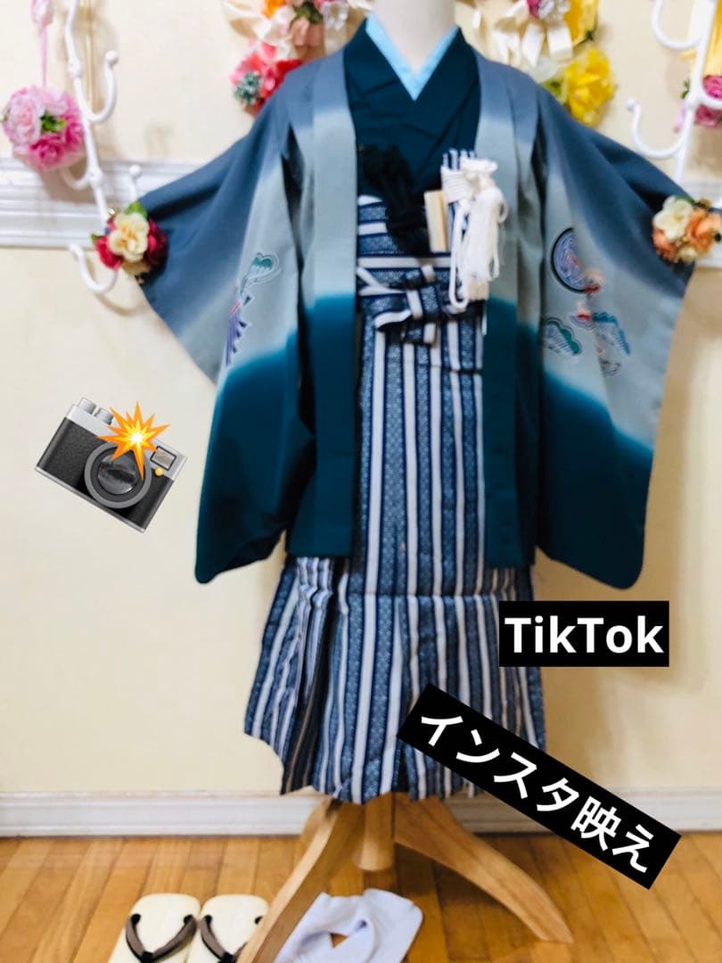 七五三５歳完全フルセット‼️豪華Blue grey兜鷹金彩‼️袴縞スタイルアップ人気