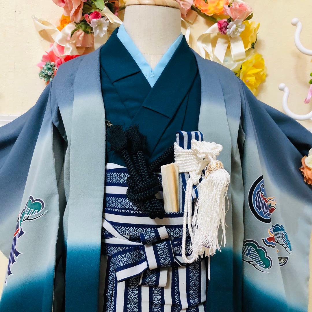 七五三５歳完全フルセット‼️豪華Blue grey兜鷹金彩‼️袴縞スタイルアップ人気