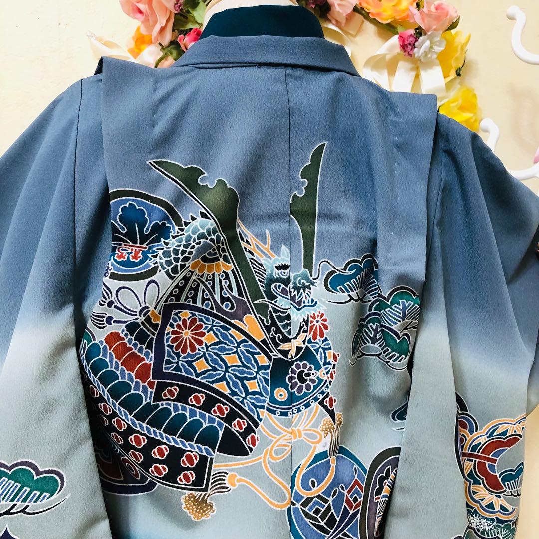 七五三５歳完全フルセット‼️豪華Blue grey兜鷹金彩‼️袴縞スタイルアップ人気