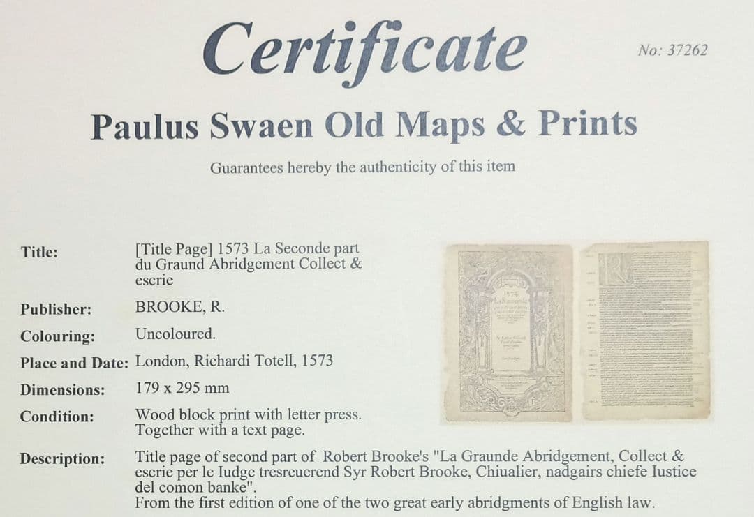 1573年　R.ブルック　「英国法の判例要約」の表題（扉絵）　稀少