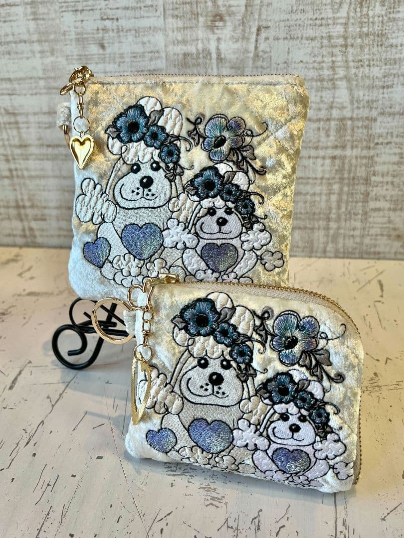 ロラライハリス♡ベージュベロアキルト♡L字ファスナー財布mini♡ポーチセット♡