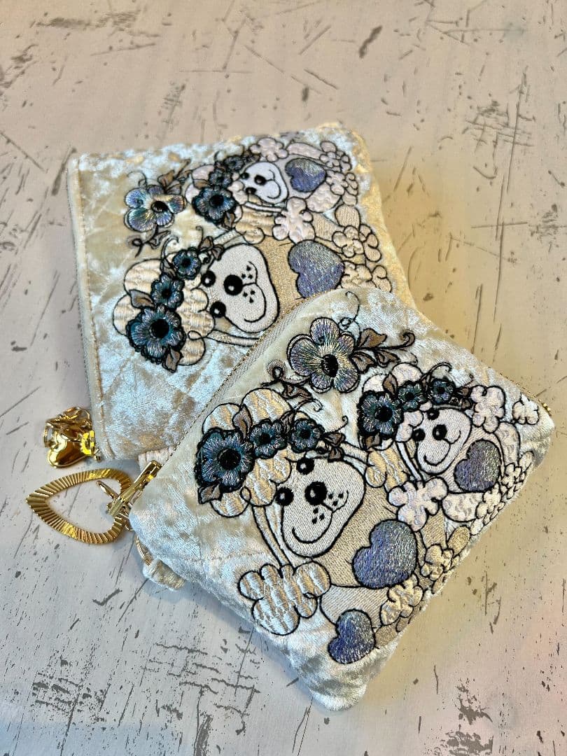 ロラライハリス♡ベージュベロアキルト♡L字ファスナー財布mini♡ポーチセット♡