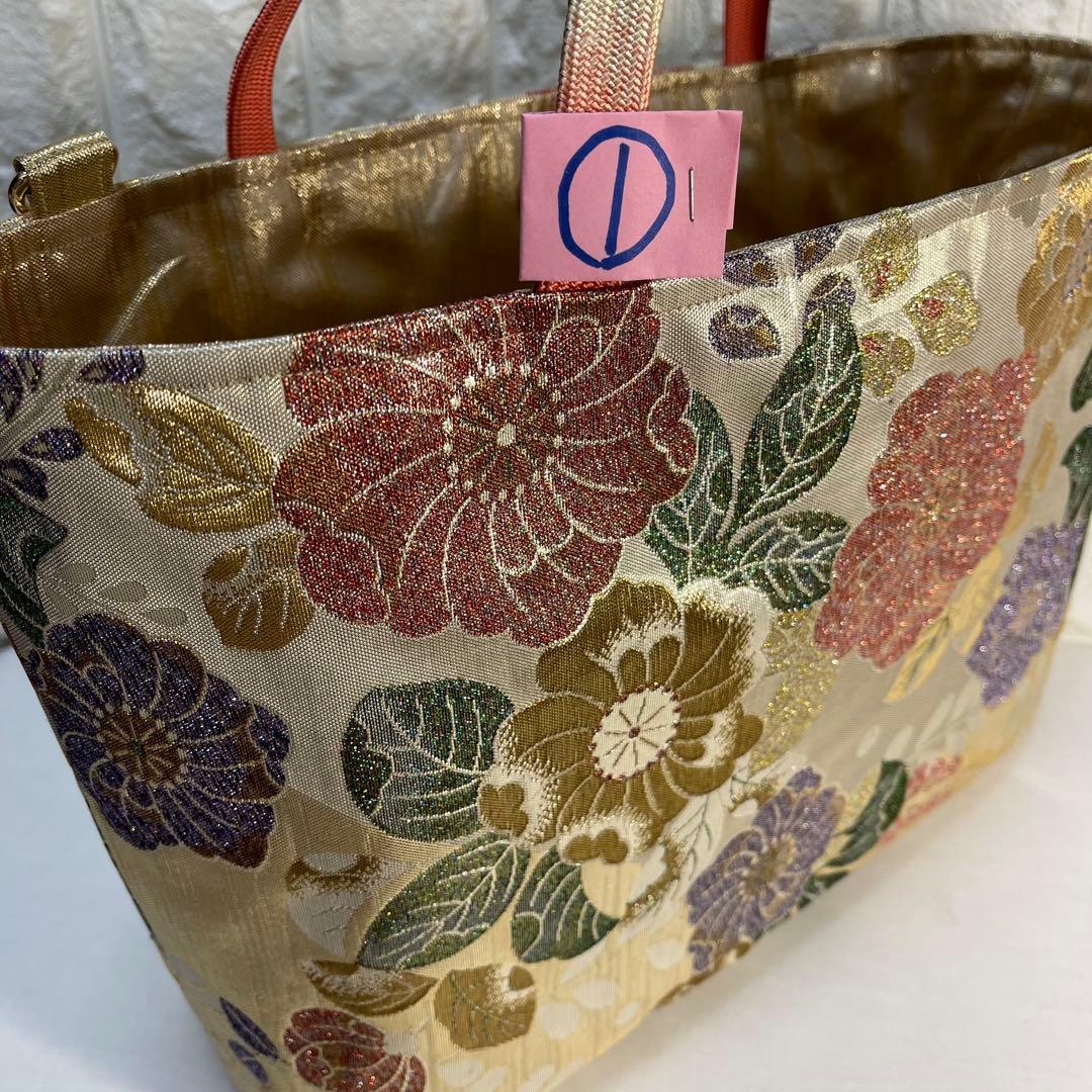 ❶帯リメイクバッグ【辻ヶ花】金色 箔 高級正絹 帯(未使用帯？)大／Dカン・底板