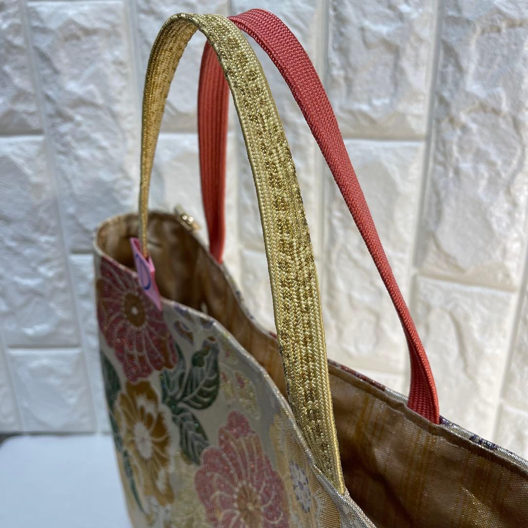 ❶帯リメイクバッグ【辻ヶ花】金色 箔 高級正絹 帯(未使用帯？)大／Dカン・底板