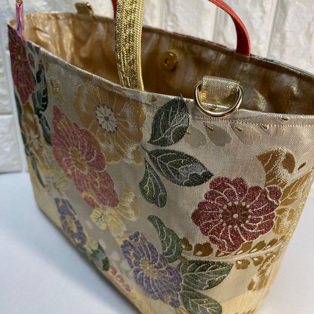 ❶帯リメイクバッグ【辻ヶ花】金色 箔 高級正絹 帯(未使用帯？)大／Dカン・底板