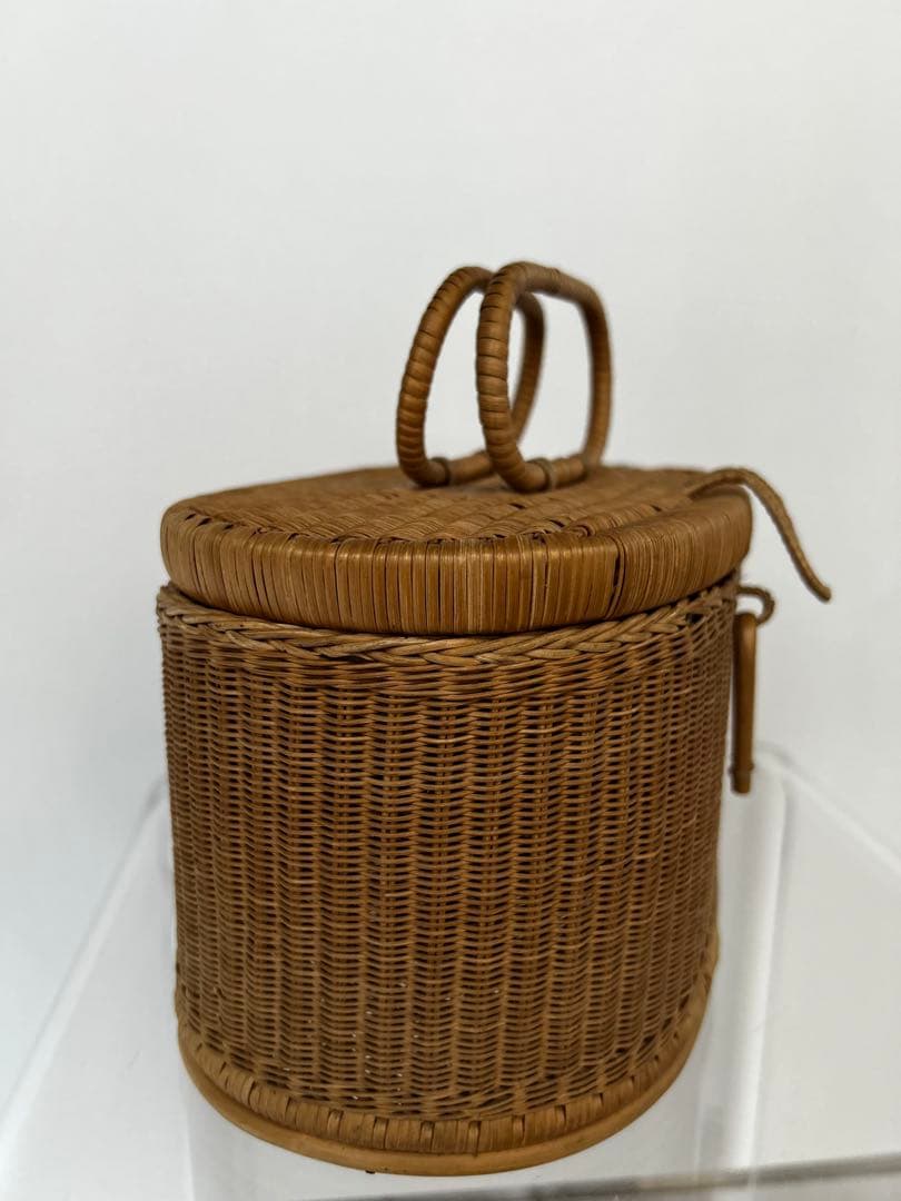 籐製円筒形バスケット 蓋付き 昭和 アンティーク