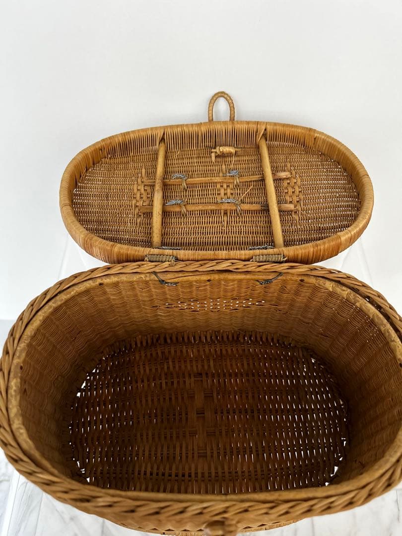 籐製円筒形バスケット 蓋付き 昭和 アンティーク