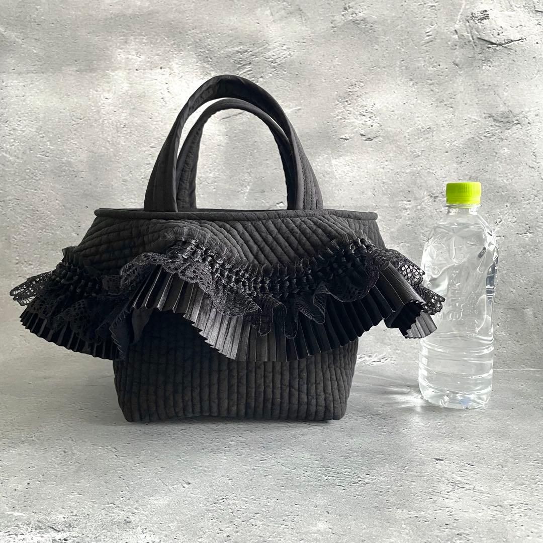 プリーツフリル付きトートバッグ（S）　ヌビバッグ　ブラック　ハンドメイド