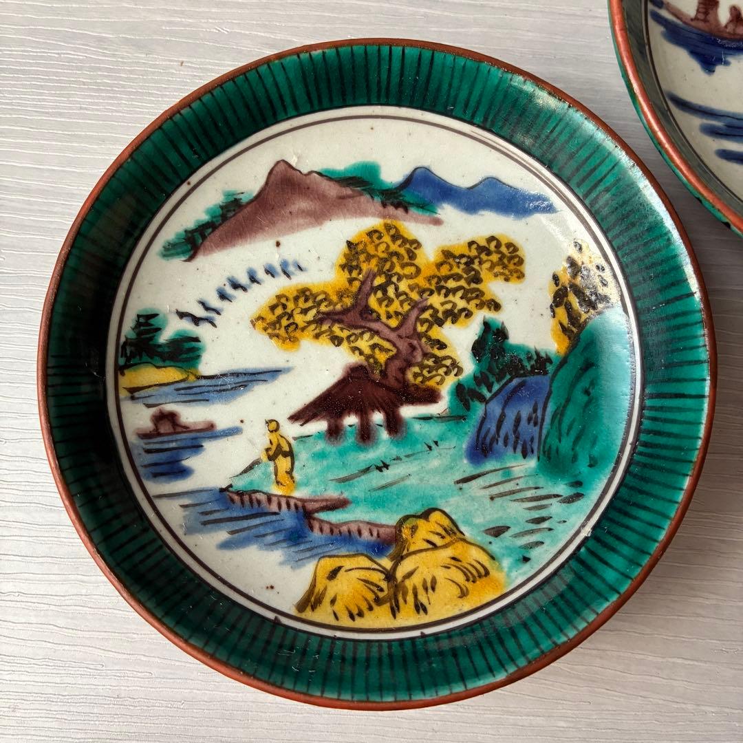 【1枚訳あり】九谷焼　吉田屋窯　小皿　角福　山水　青手　年代物　共箱　和食器