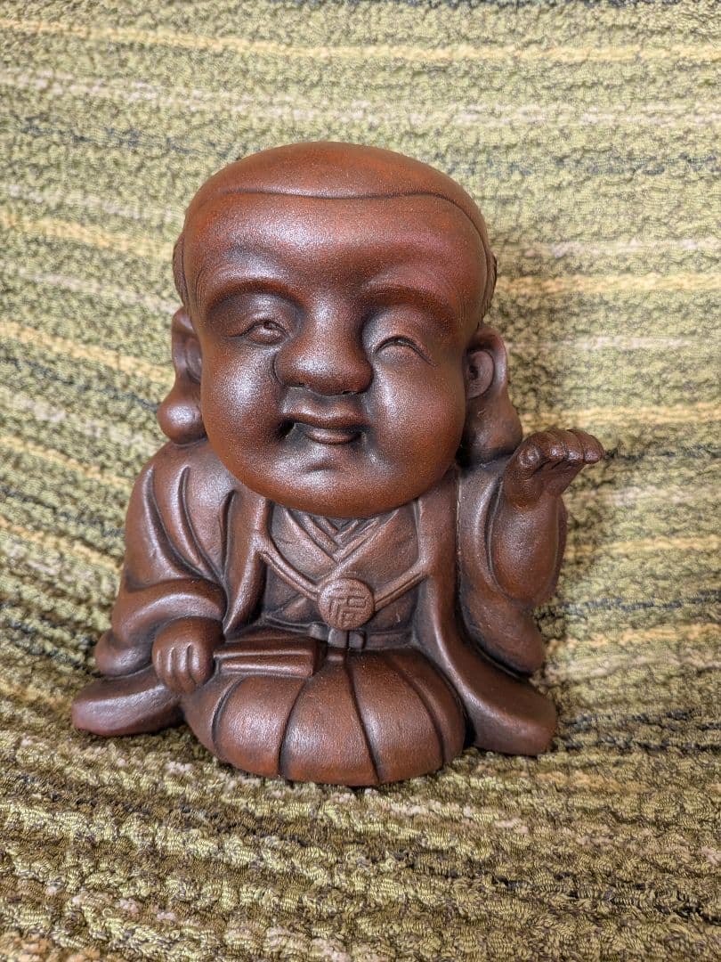 No.17備前焼福助の置物A2、古備前福助人形、縁起物、商売の神様、